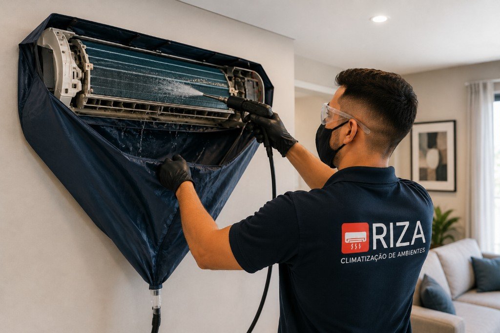 Técnico da RIZA Climatização realizando higienização de ar-condicionado residencial
